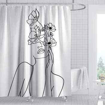 Бяла завеса за душ Абстрактно Изкуство, Начало декор Эстетичная Баня Прости линия Дамски Водоустойчив Завеса За баня Banheiro